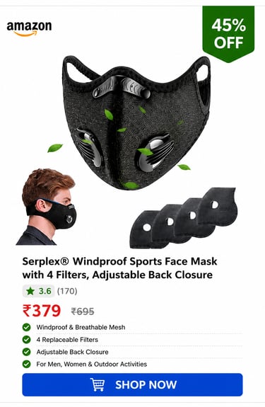Serplex windproof sports face mask with four replaceable filters and adjustable back closure for outdoor activities.