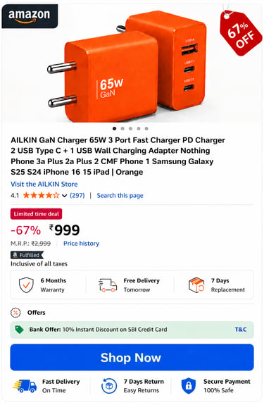 Orange AILKIN GaN 65W fast charger with 3 ports including USB-C and USB-A for smartphones.