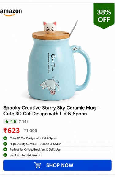 Light blue starry sky ceramic mug with a cute 3D cat design lid and metal spoon for cat lovers.