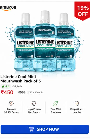 Listerine Cool Mint Antiseptic Mouthwash pack of three 250ml bottles for bad breath and gum health.