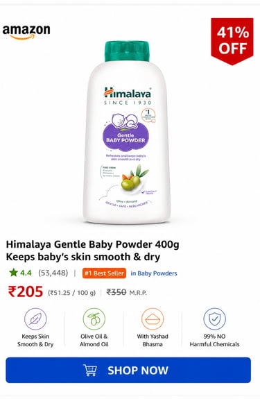 Himalaya Gentle Baby Powder 400g with olive oil and almond oil for smooth, dry infant skin.