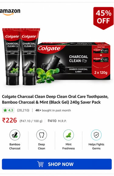 Colgate Charcoal Clean toothpaste saver pack with two 120g bamboo charcoal and mint gel tubes.