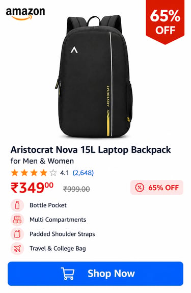 Aristocrat Nova 15L black laptop backpack for men and women with padded straps and bottle pocket.