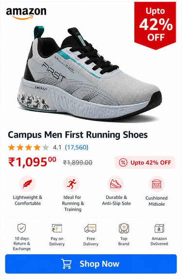 Campus Men First Running Shoes in grey and blue with cushioned midsole on Amazon.
