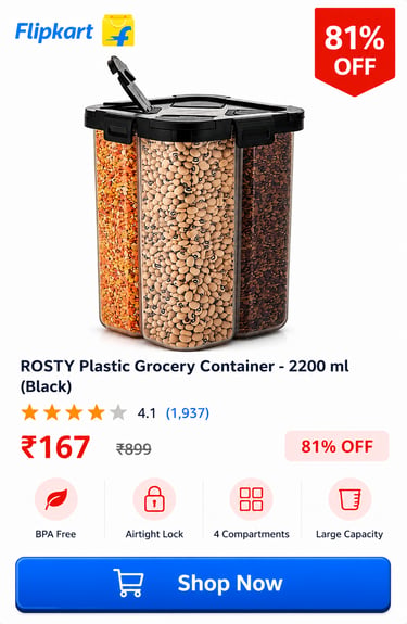 ROSTY 2200ml BPA-free airtight plastic grocery container with 4 compartments for storing pulses and grains.
