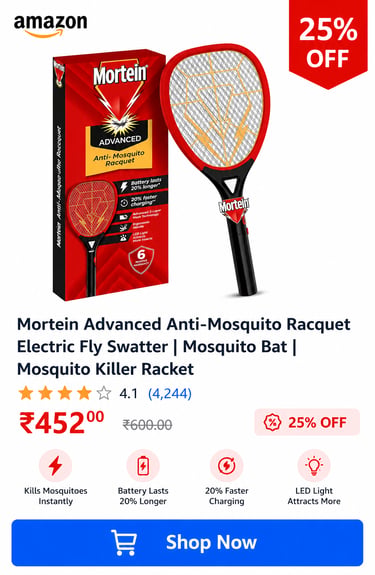 Mortein Advanced rechargeable electric anti-mosquito racquet and mosquito killer bat for flying insects.
