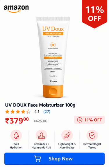 UV Doux Face Moisturizer 100g tube for all skin types with ceramides and hyaluronic acid.