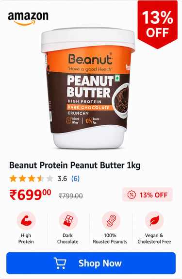 Beanut dark chocolate high protein crunchy peanut butter 1kg jar with Amazon price and 13% off discount.