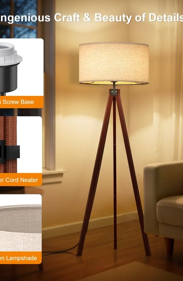 Mid-century wooden tripod floor lamp with flaxen drum shade and E26 base for modern living room lighting.