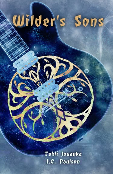 illustration of blue guitar with gold stylized tree symbol. Text "Wilder's Sons."