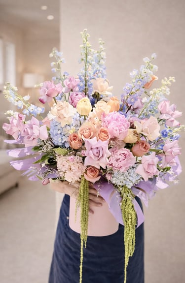 A large pastel flower arrangement featuring pink peonies, peach roses, and blue delphinium in a pink box.