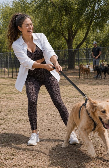 Casual athleisure outfit for women at a dog park pulling on a leash while wearing patterned leggings
