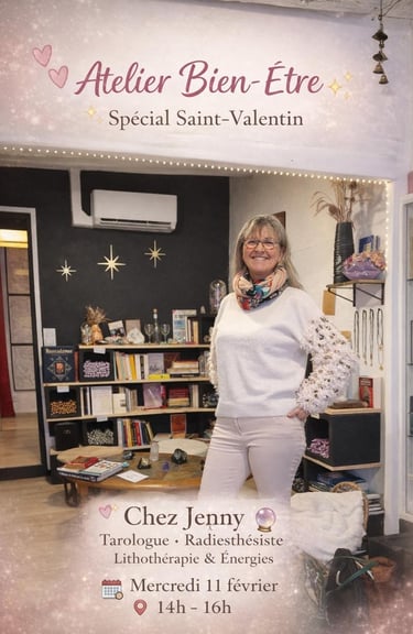 Sandrine Thibault at Arcanum Leviosa wellness workshop for Valentine's Day tarot and lithotherapy.