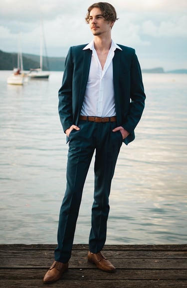 a man in a suit and tie standing on a dock