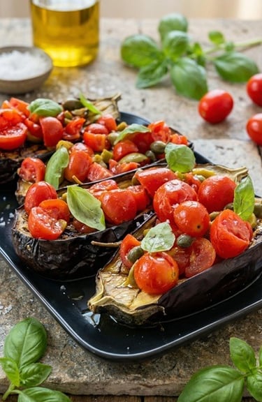 Eggplant bruschetta - Mediterranean bruschetta with tomatoes and olives