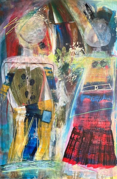 Date Night — abstract acrylic painting depicting two stylised figures in layered colour and expressive brushwork