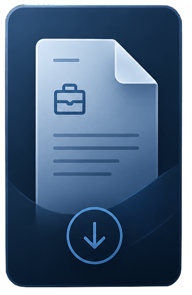 Blue digital document icon with a briefcase symbol and download arrow for job applications.