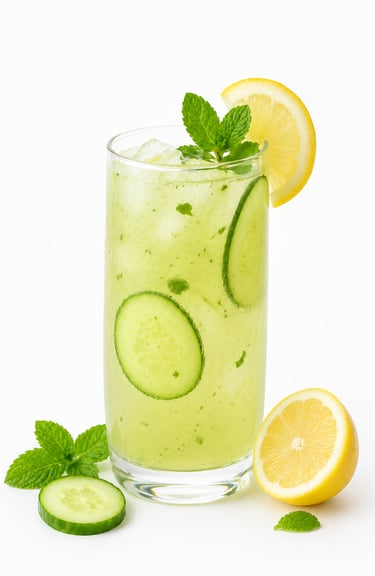 Refreshing cucumber mint lemonade in a tall glass with fresh lemon slices and mint leaves.