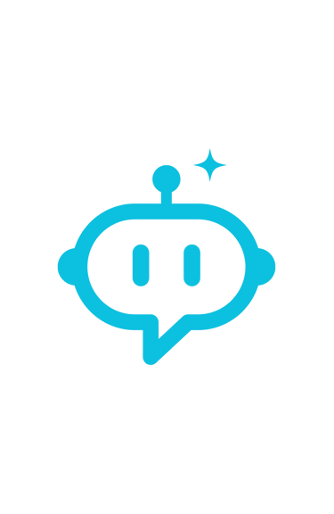 Blue minimalist chatbot icon in a speech bubble shape with an antenna and sparkle.
