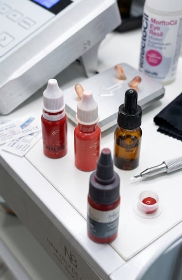 Permanent makeup microblading supplies including red pigment bottles and professional tattoo tools on a clinic workstation.