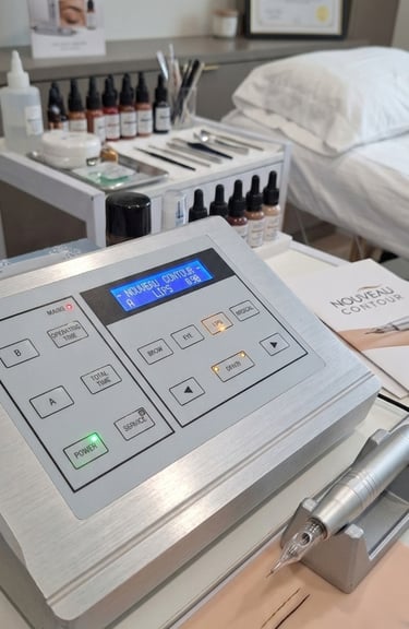 Professional Nouveau Contour permanent makeup machine and tattoo pigments in a sterile cosmetic studio.