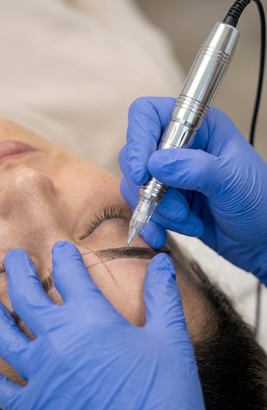 A professional technician performing microblading on eyebrows using a permanent makeup machine.