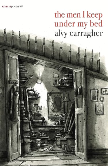 Book cover of The Men I Keep Under My Bed by Alvy Carragher, featuring a sketch of a cluttered room.