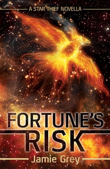 Book cover for Fortune's Risk by Jamie Grey featuring a glowing fire bird flying through space.