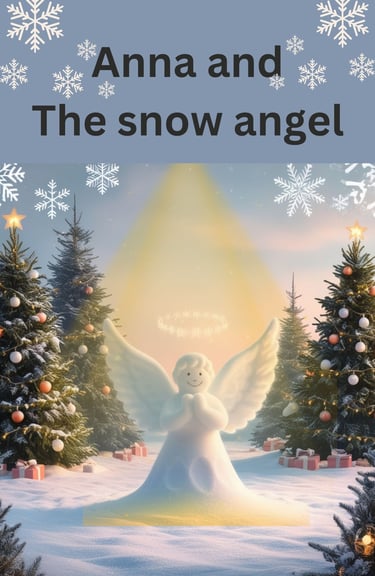 a snow angel in a snowy scene with christmas trees