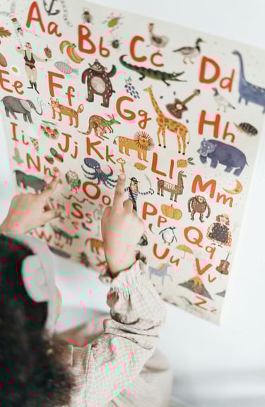 child is pointing at letters