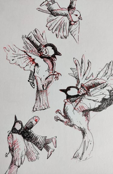 Birds with little men - Rens Muskens - Pastel on paper - Art - painting - handcraft - kunst