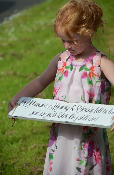 Young girl holding a sign for Mommy & Daddy