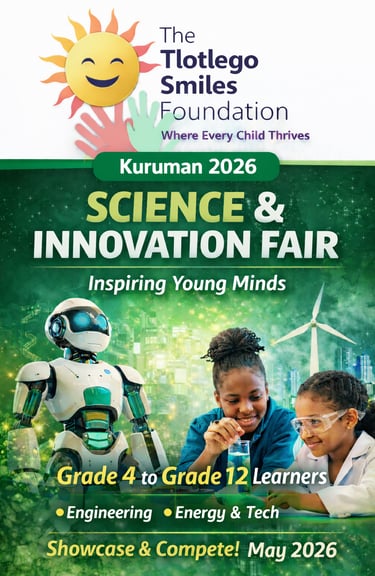 Science and Innovation Fair poster for Grade 4 to Grade 12 learners hosted by Tlotlego Smiles Founda