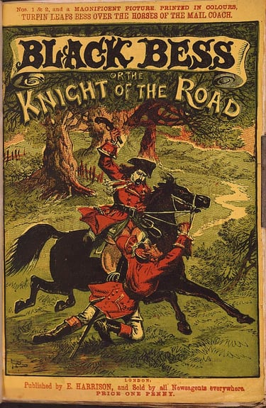 Vintage penny dreadful cover for Black Bess or the Knight of the Road featuring a highwayman on a horse.
