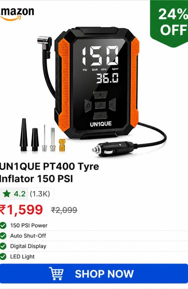 UN1QUE PT400 portable digital tyre inflator for cars with 150 PSI display and auto shut-off feature.