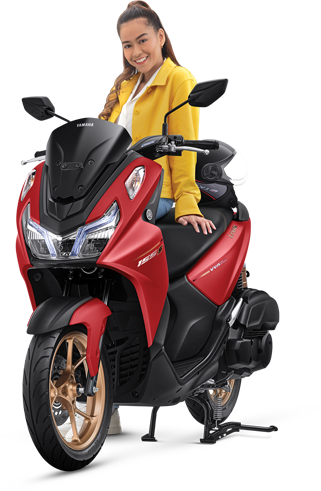 a woman in a yellow jacket and yellow jacket sitting on a red scooter
