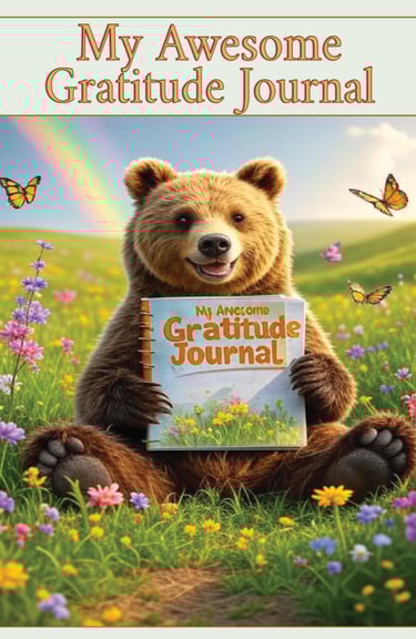 bear in field with flowers rainbow and journal