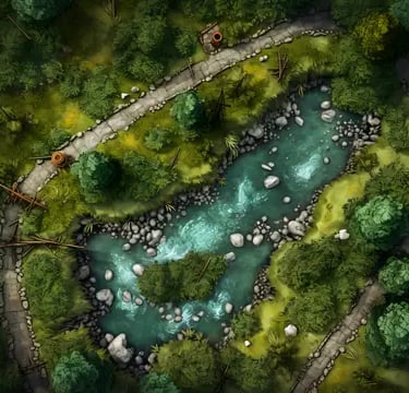 Battle map, sentier autour du lac au cœur de la forêt 