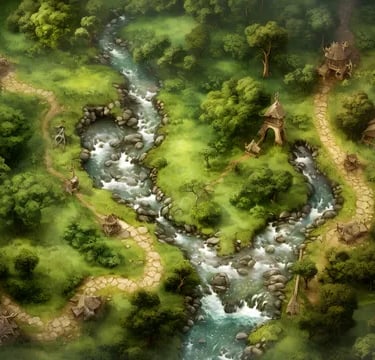 Battle map prairie, pont et ruisseau