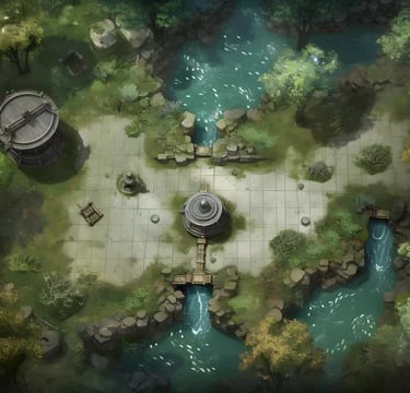un petit étang entouré d'arbres et d'une fontaine, battlemap