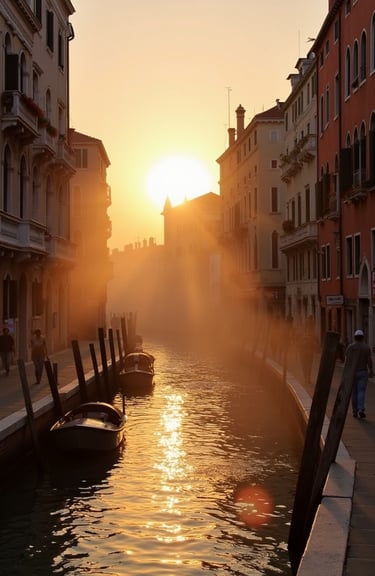 a canal with boats on the water at sunset