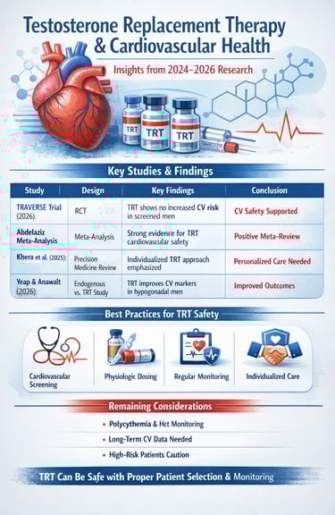 Review 2026 evidence on testosterone replacement therapy and cardiovascular outcomes, including MACE