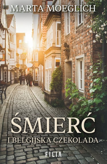 okładka książki, mała uliczka belgijskiego miasta, napis: śmierc i belgisjka czekolada