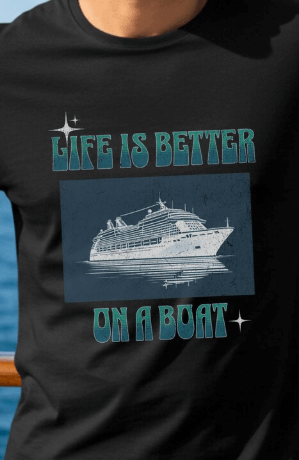 a man in a black shirt is standing on a boat
