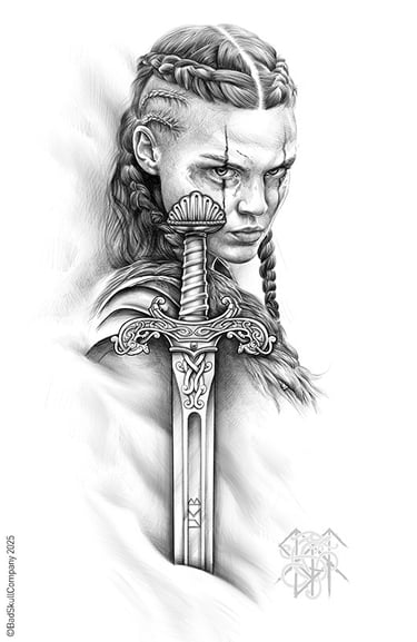 a drawing of a viking warrior woman with a sword