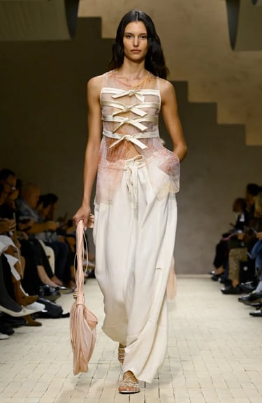 Armani Spring Summer 2026 – Fluid ivory tied sheer top and trousers.