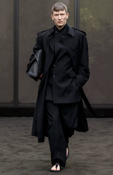 Ferragamo menswear in black trench and layered tailoring – Spring Summer 2026 runway.