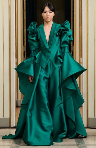 Chancos Spring Summer 2026 – Voluminous green sculptural gown.