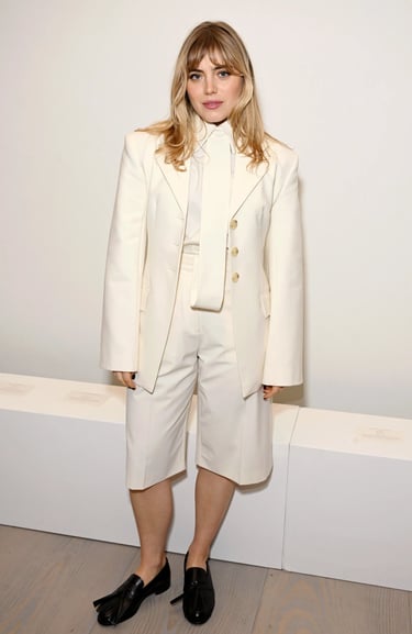 Bella Maclean in a white tailored suit at London Fashion Week 2026.