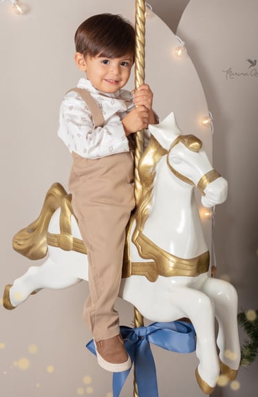 un niño pequeño en un caballito de un carrusel